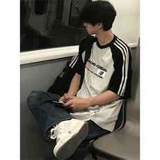 抖音得物品质二开240克宽松纯棉美式潮牌插肩三杠织带短袖T恤，男装T恤，电商A486