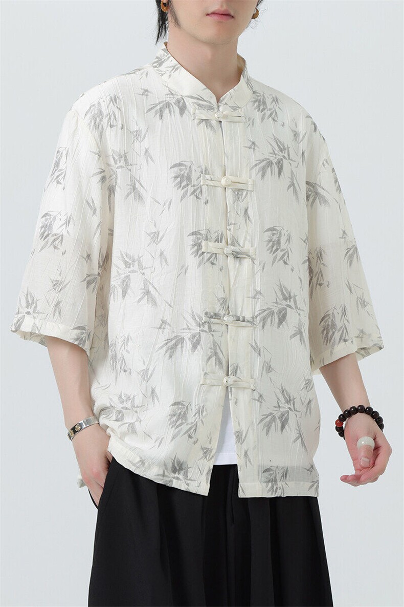 2025春季新款风男汉服盘扣新中式唐装竹叶印花衬衫C107-P55,男装衬衫,电商B277(原6028)