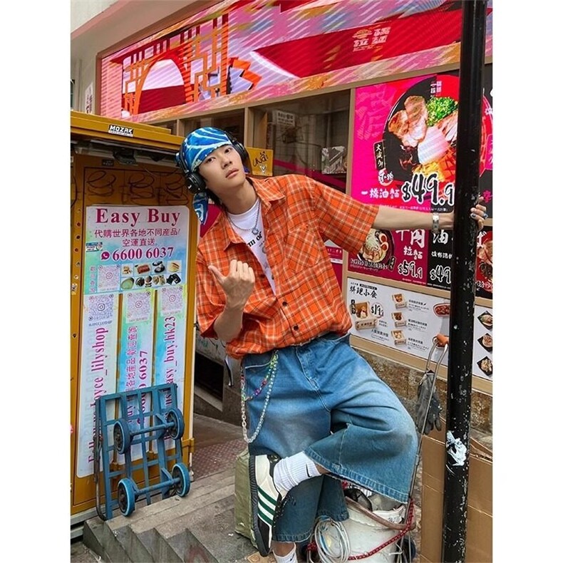 美式复古橙色格纹长袖衬衫男女宽松百搭衬衣W204-P30，男装衬衫，星座910B