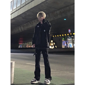美式hiphop裤子高街vibe交叉绑带牛仔裤修身直筒微喇叭裤图片