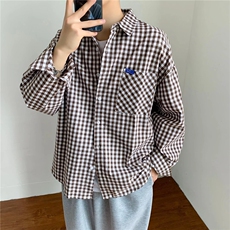 港风秋款男衬衫金典格子条纹字母贴标宽松休闲衬衣CS0176P33，男装衬衫，星座1013-1