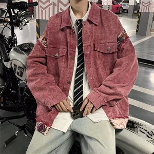 美式复古甜酷脏粉色水洗拼接牛仔外套男女古着情侣棒球服 J2054图片