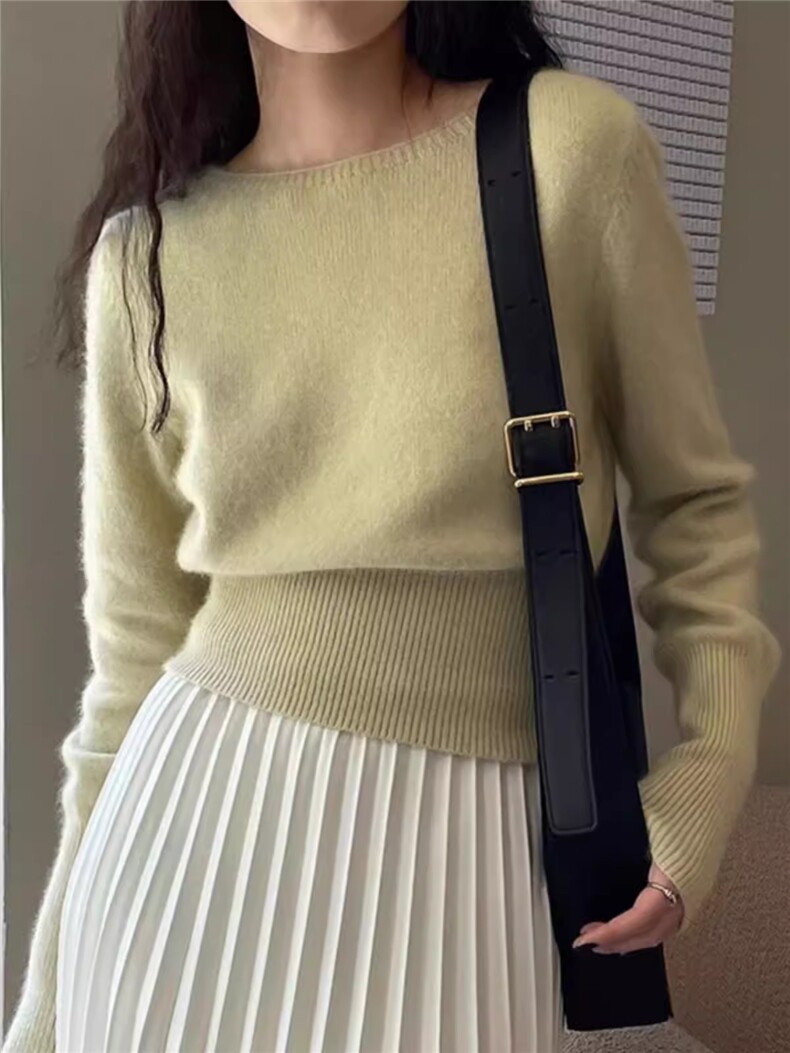 气质高腰短款100%纯羊毛衫女小个子一字领软糯针织毛衣羊绒衫打底,针织衫/毛衣,德聚羊绒