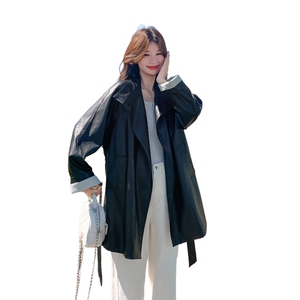 减龄系带条纹拼接西装黑色皮衣外套女春秋2025新款PU夹克大方得体图片