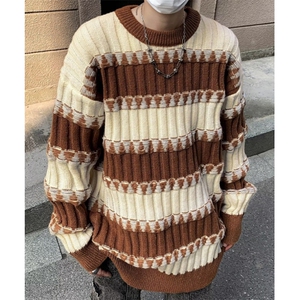 撞色条纹毛衣男女秋冬季潮牌宽松圆领针织衫慵懒风外套 MY9164图片