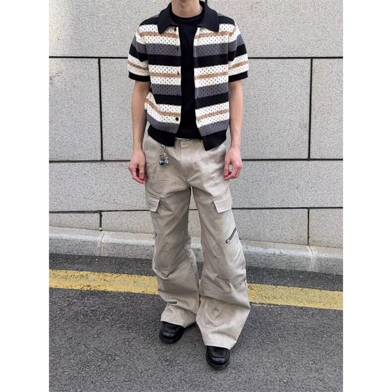 WE1567-P502025夏季潮流设计感老钱风针织镂空短袖衬衫,男装T恤,电商B323A