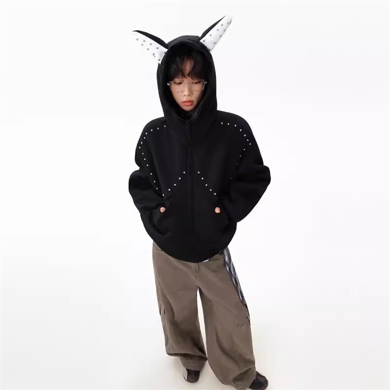 1506/QW290/P53秋冬季美式兔耳连帽潮牌灰色加厚设计感情侣外套,女装短外套,星座1506