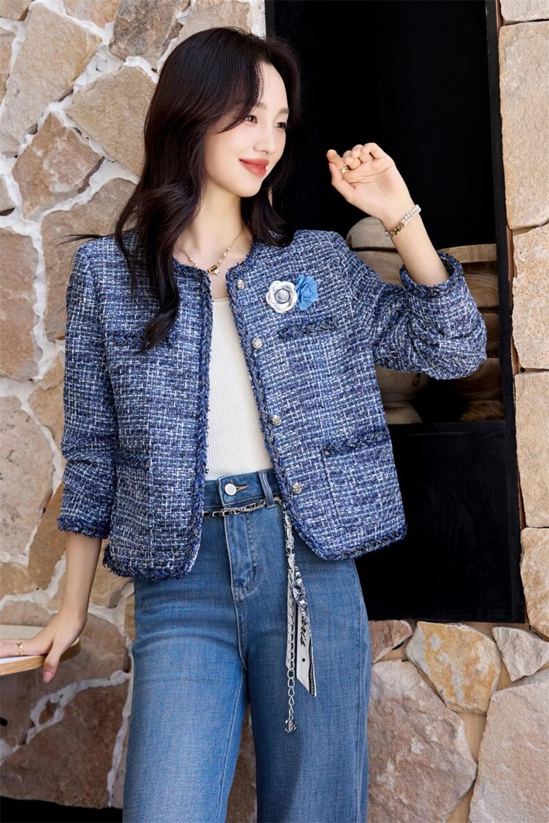【bao款现货已出】2025秋装新款山茶花小香牛仔蓝粗花呢短外套,女装短外套,雅静靓衣