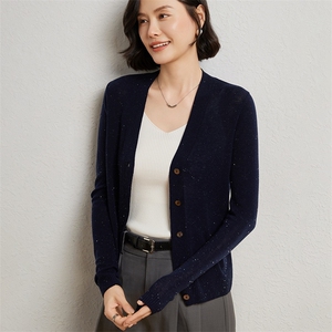 女士珠片V领羊毛开衫外套图片