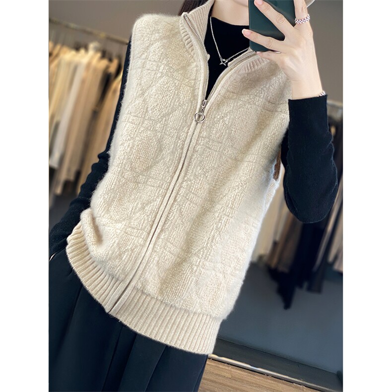 秋冬高领拉链纯羊毛马甲坎肩女毛巾绣提花毛衣背心宽松羊绒衫开衫,女装马甲,美雪羊绒
