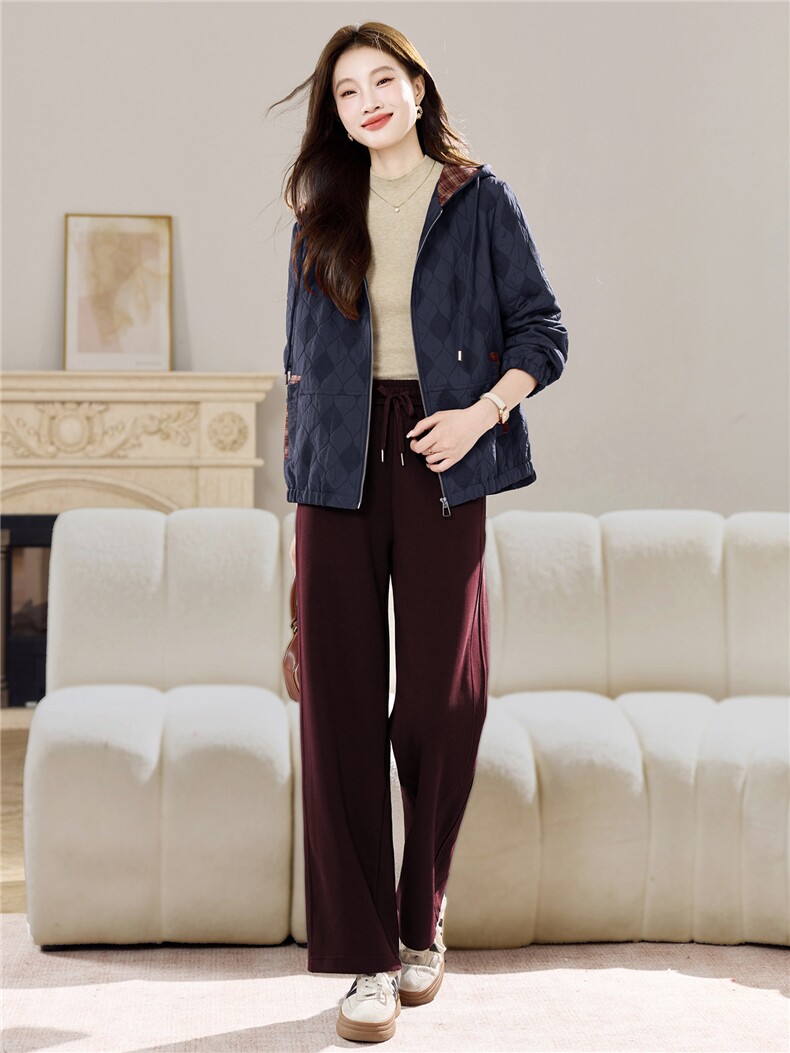 长期现货妈妈春秋早冬夹棉服时尚格子连帽外套短中老年两件套装女,女装套装/套裙,璐依舞