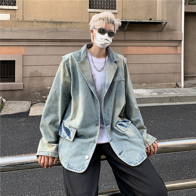 2025秋季新款复古独特设计感宽松西装领牛仔上衣XZ8925，男装西服，星座1108