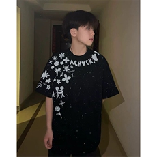 万针全刺绣工艺抖音得物高品质260克重磅纯棉双纱美式高街短袖T恤，男装T恤，电商A486-1