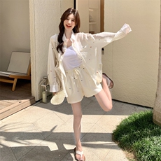 防晒轻薄刺绣衬衫短裤套装女夏小个子两件套绝美俏皮，女装套装/套裙，2C166