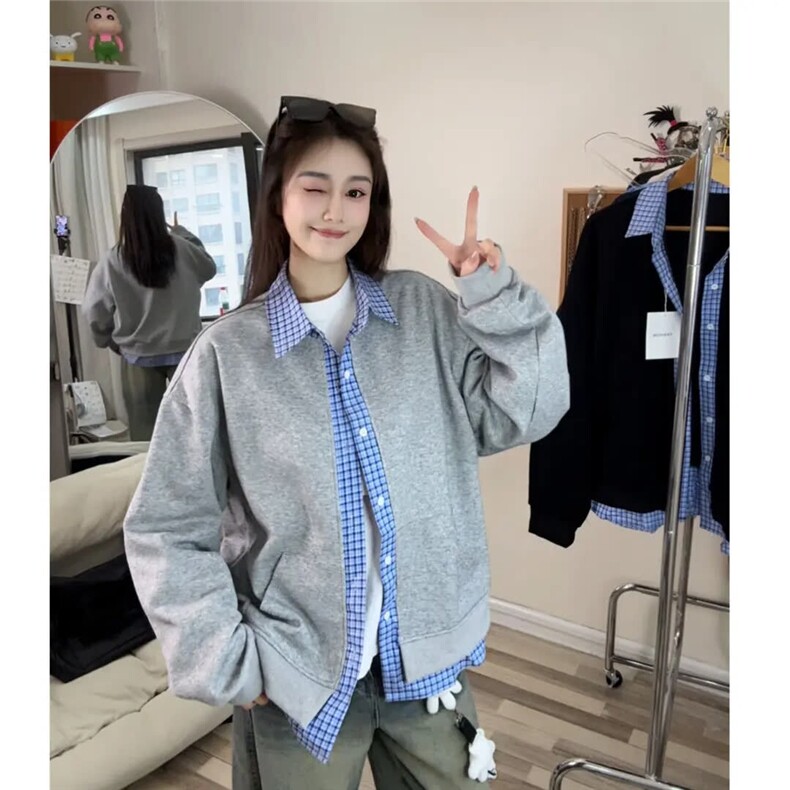 假两件格子拼接卫衣外套男女2026春秋美式潮牌学院风开衫夹克上衣图片