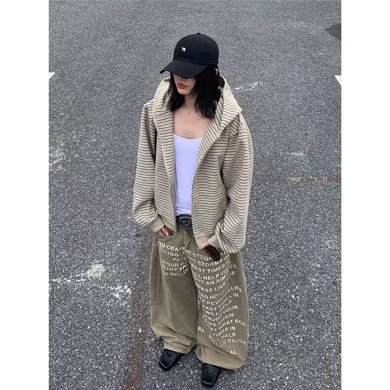 Y140-P80美式复古2025早秋新款条纹拉链开衫连帽卫衣男女,男装卫衣,电商B323A