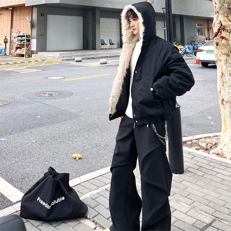 现货高品质美式高街冬季重磅硬挺短款座山雕毛领棉衣男女加厚外套图片