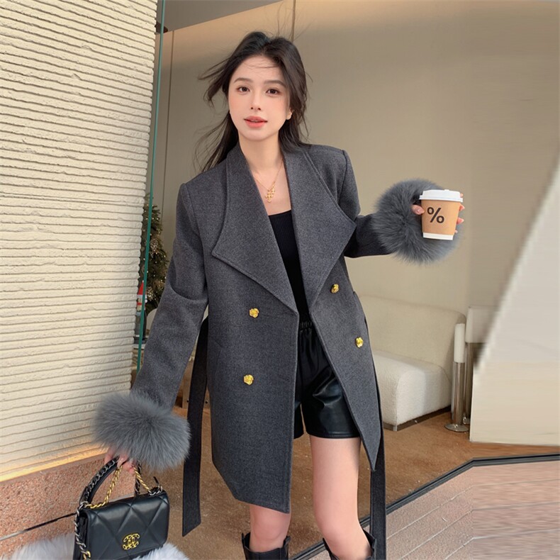 黑色中长款毛呢外套女2023秋冬新款韩版今年流行高级感加厚呢大衣，女装羽绒服，2C266