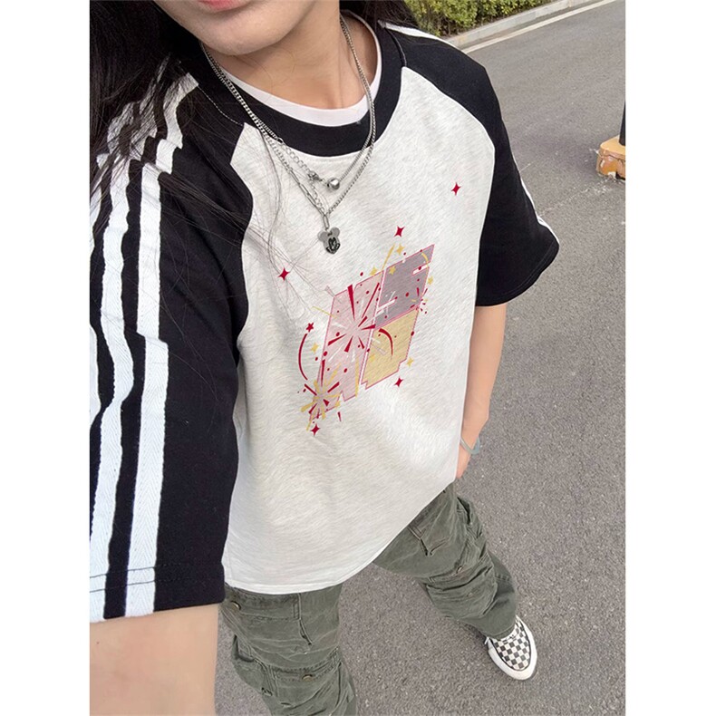 抖音得物品质二开240克宽松纯棉美式潮牌插肩三杠织带短袖T恤,男装T恤,电商A486