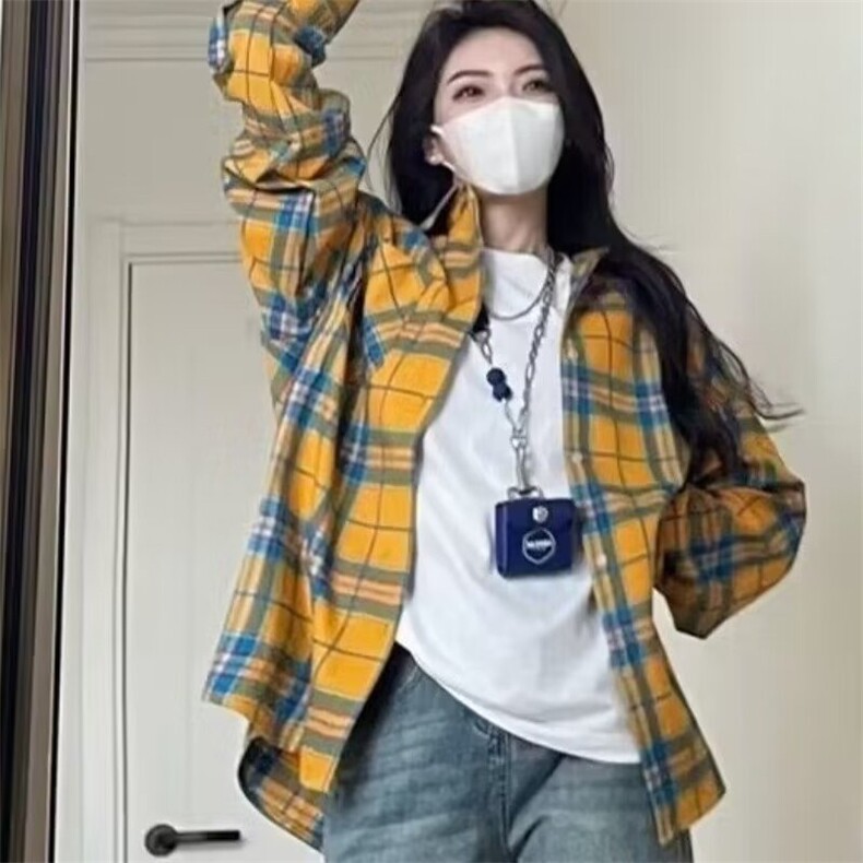 美式潮牌复古黄色格子衬衫男女款秋季2025新款设计感小众长袖衬衣,男装衬衫,星座1210-1