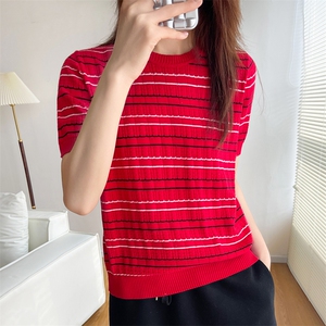 显瘦条纹减龄短袖T恤衫女纯棉通勤2025春夏新款圆领背心针织小衫图片