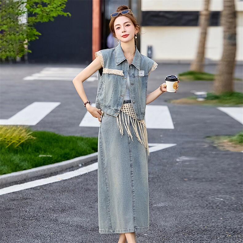 港风炸街牛仔套装裙女夏2025新款牛仔马甲半身裙超好看欧货两件套,女装套装/套裙,艾仟回(原伊仟回)