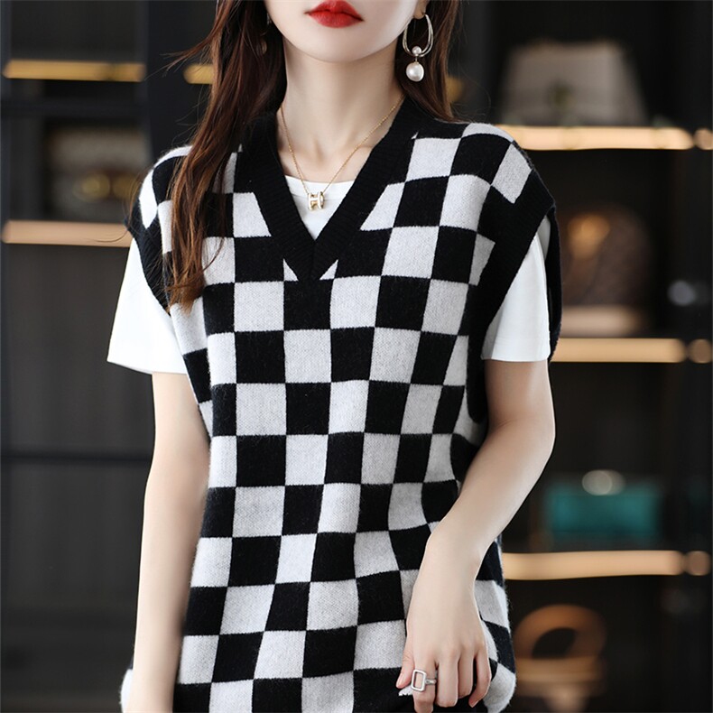 马甲女背心无袖针织羊毛衫2024秋装新款韩版宽松外穿格子毛衣，女装马甲，蒙特羊绒