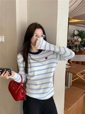 韩版圆领修身显瘦气质爱心条纹针织开衫，女装针织衫/毛衣，沐策羊绒