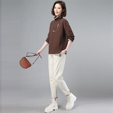 2021秋装新款韩版气质两件套高领打底衫加绒休闲裤潮，女装大码女装，奕阳依阁