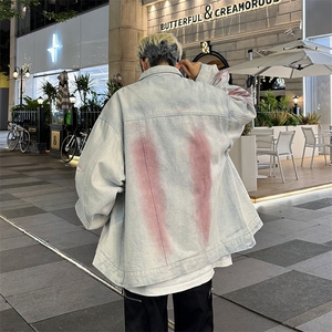 美式复古潮牌水洗做旧扎染涂鸦牛仔外套新款宽松休闲夹克图片