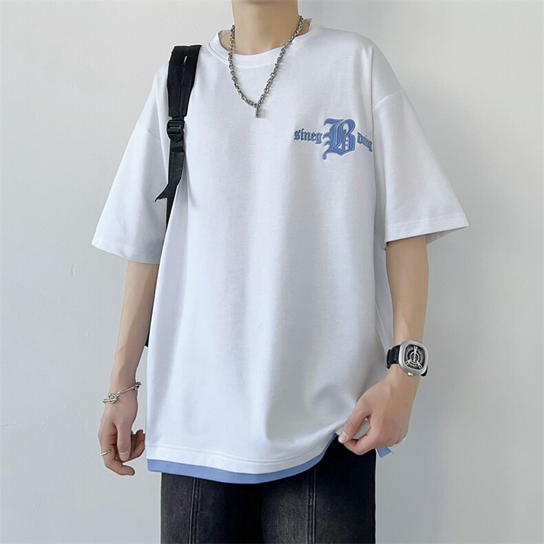 冰氧仿棉短袖港风白墙夏季休闲百搭刺绣纯色男上衣TC3149-P22控48,男装T恤,星座717