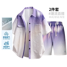 得物渐变短袖衬衫套装夏季宽松翻领衬衣短裤两件套A436-T19-P65，男装牛仔裤，电商A436