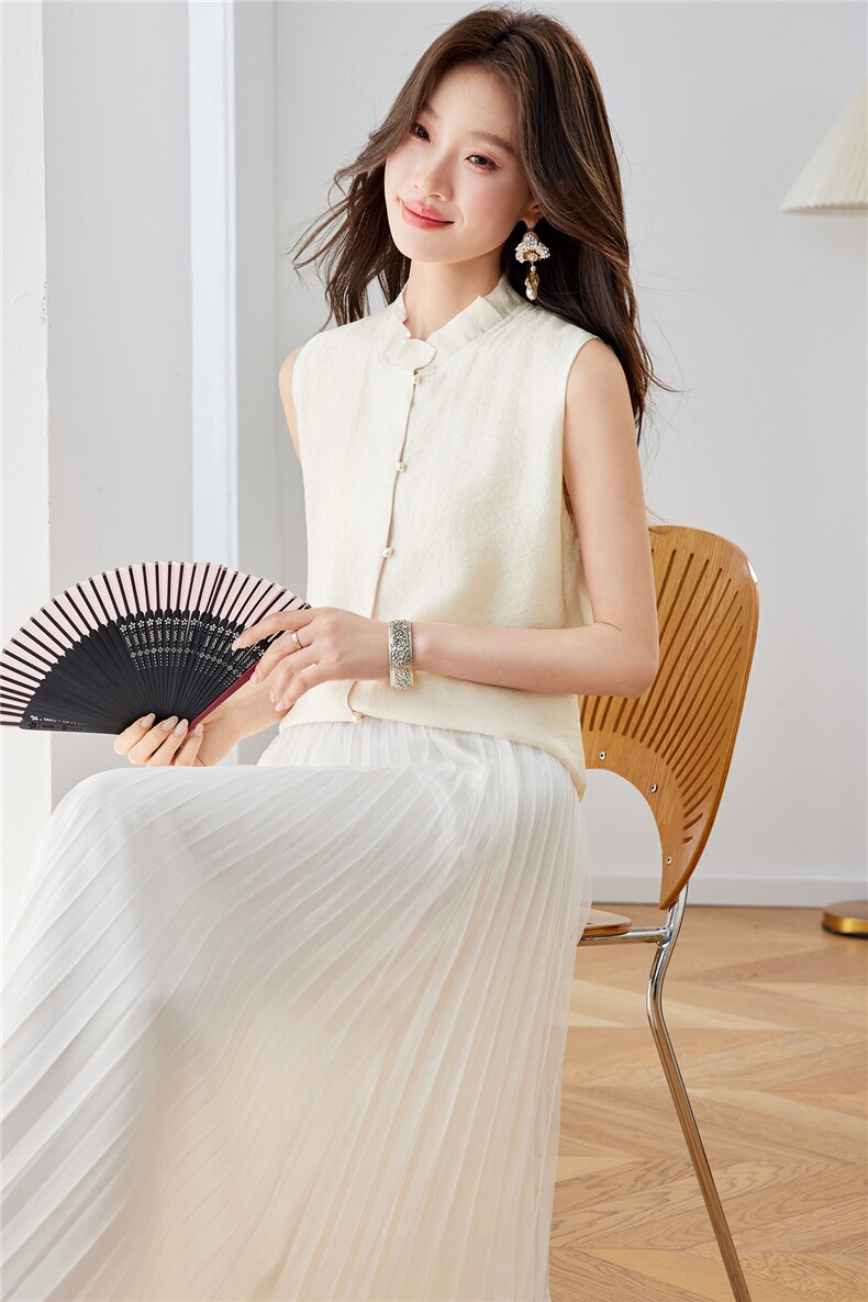 在仓~2026年夏季无袖人丝衬衫套裙上衣双层可拆分,女装套装/套裙,新依时派