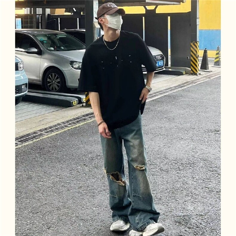 破洞直筒牛仔裤男宽松高腰复古小众扎染设计感阔腿裤YA9069-P45,男装牛仔裤,星座208-5
