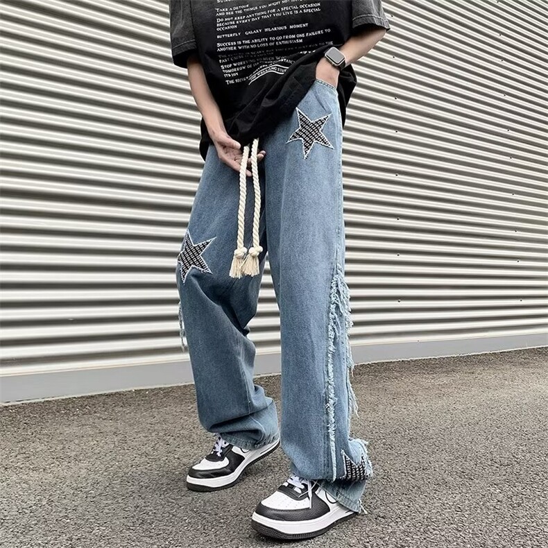 星星刺绣做旧牛仔裤男款春秋季美式高街设计感宽松阔腿休闲长裤子,男装牛仔裤,星座1008