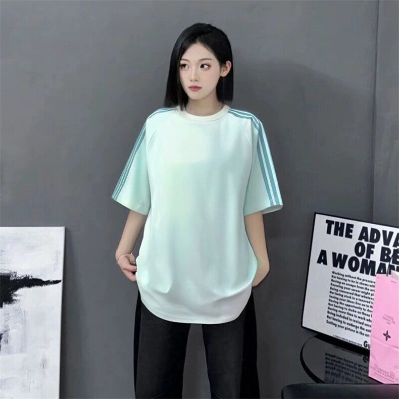 抖音得物品质二开240克宽松纯棉美式潮牌印花三条杠中性风短袖T恤,男装T恤,电商A486