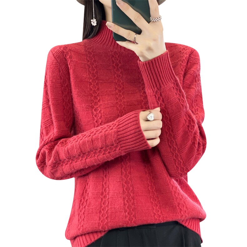 2024新款女士半高领加厚针织长袖羊毛衫秋冬百搭,女装羊毛衫,鹿一羊绒