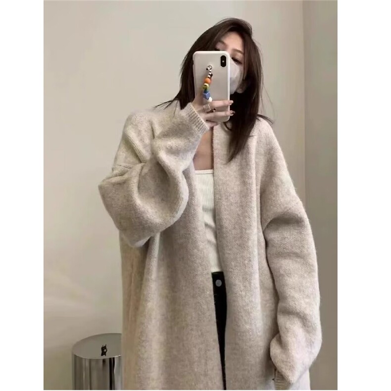 温柔慵懒风中长款软糯燕麦色毛衣女宽松设计感小众针织开衫外套女,男装针织衫/毛衣,星座506A