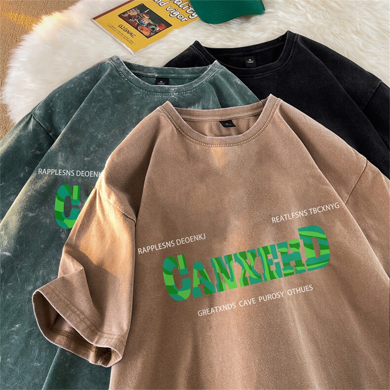抖音供货230克水洗做旧短袖毛毯平铺印花T恤ST3055-P38控58,男装T恤,电商B370