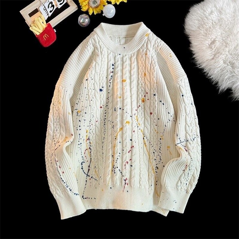 M892-特P68美式泼墨麻花毛衣男秋冬季潮牌复古圆领线衣宽松,男装针织衫/毛衣,电商D310B