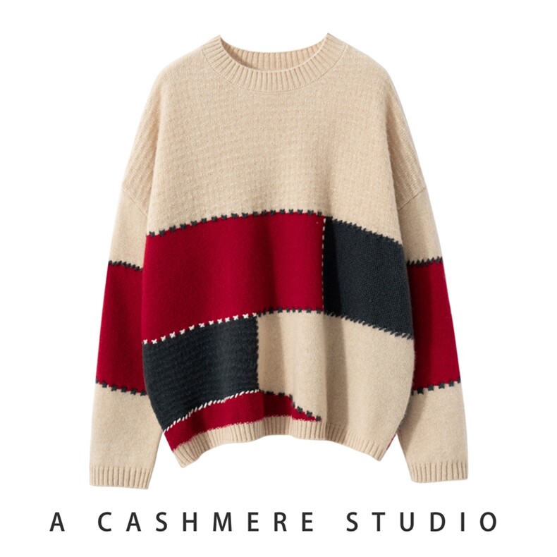 时尚女士圆领拼接撞色时尚百搭通勤羊绒衫舒适保暖显瘦设计，女装羊绒衫，澳冬特羊绒