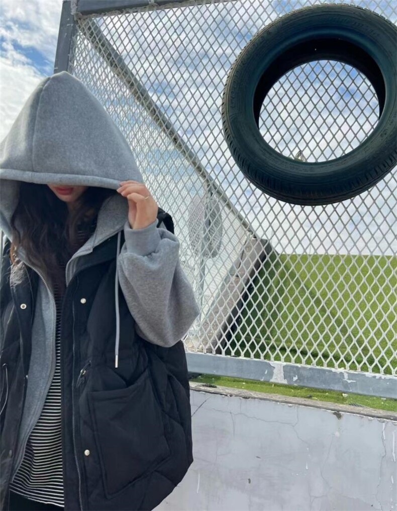 2022韩系卫衣拼接压格羽绒服,女装卫衣/绒衫,炫女孩
