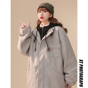 EQ158 冬季新款港风休闲美式毛呢假两件连帽棉服外套情侣棉衣P145图片
