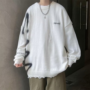 破洞针织衫男涂鸦韩版潮流2024冬季新款ins宽松毛衣MZ611X-P48图片