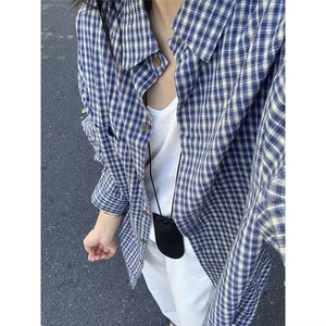 拉夏贝尔蓝色格子防晒衬衫女夏季新款慵懒风衬衣外套宽松显瘦上衣图片