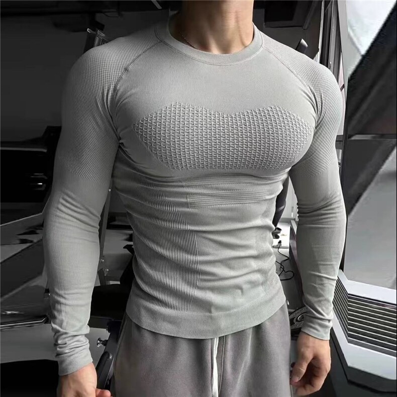 健身衣服弹力速干运动长袖无缝跑步打底衫紧身衣训练t恤CT52P35，男装T恤，电商D256