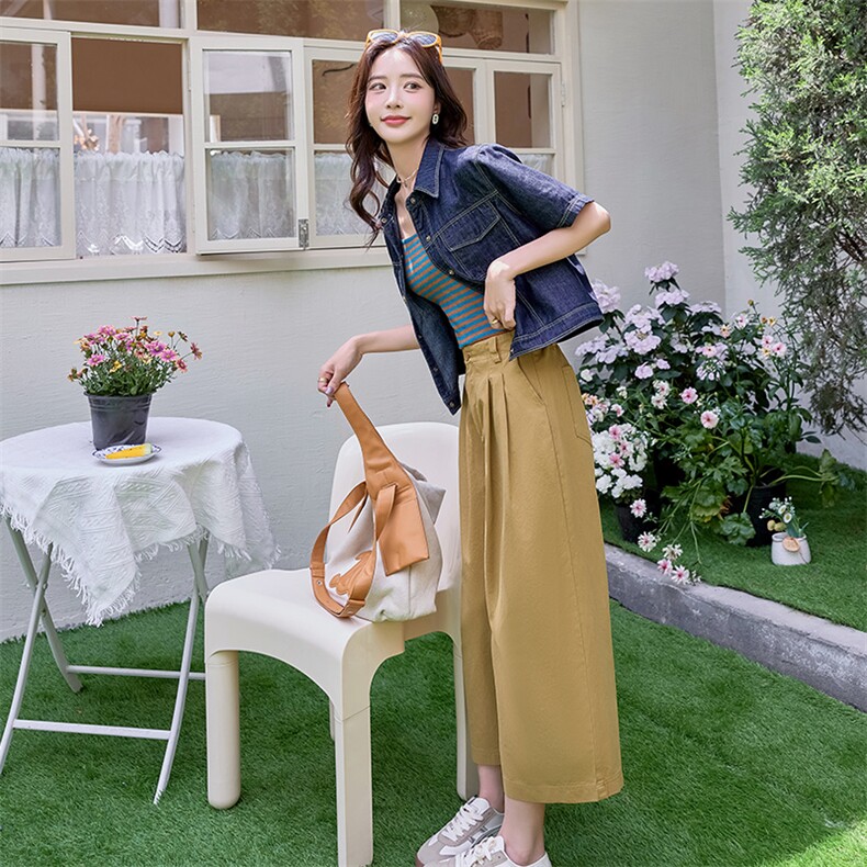 时尚牛仔套装女2025夏季淡人条纹洋气减龄小个子工装阔腿裤三件套,女装套装/套裙,铭街依杨