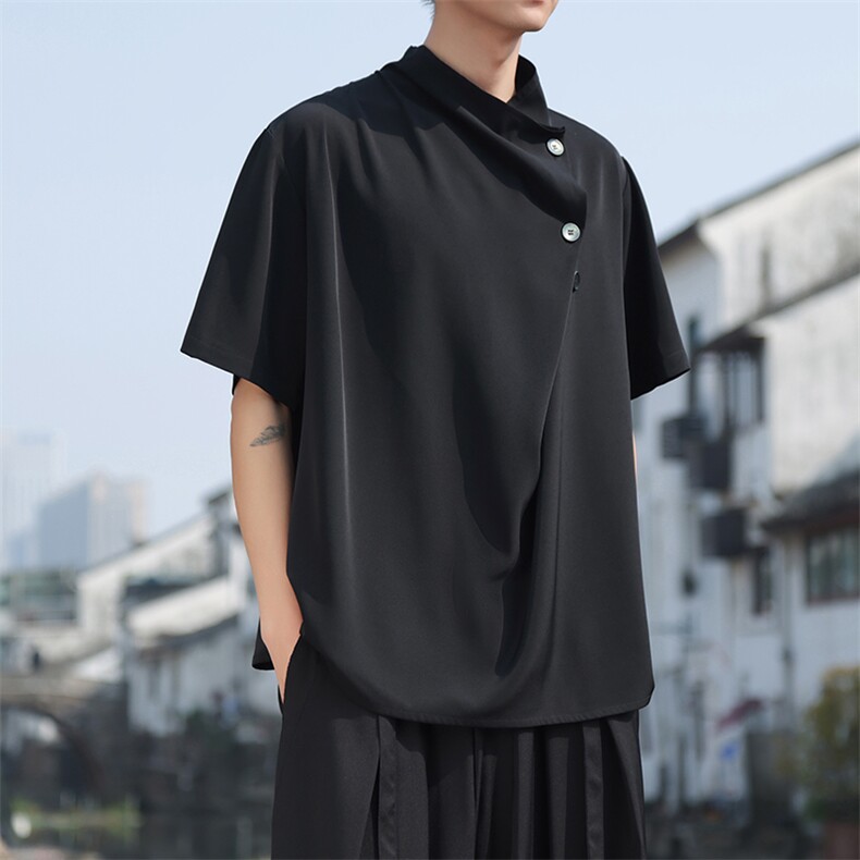 山本耀司暗黑高领复古新中式不规则设计感上衣五分袖衬衫CS29-P60,男装T恤,电商A021