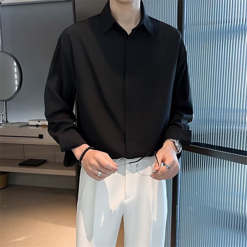 春秋内搭免烫垂感丝滑衬衫男长袖韩版宽松ins痞帅衬衣男 C08-P30图片