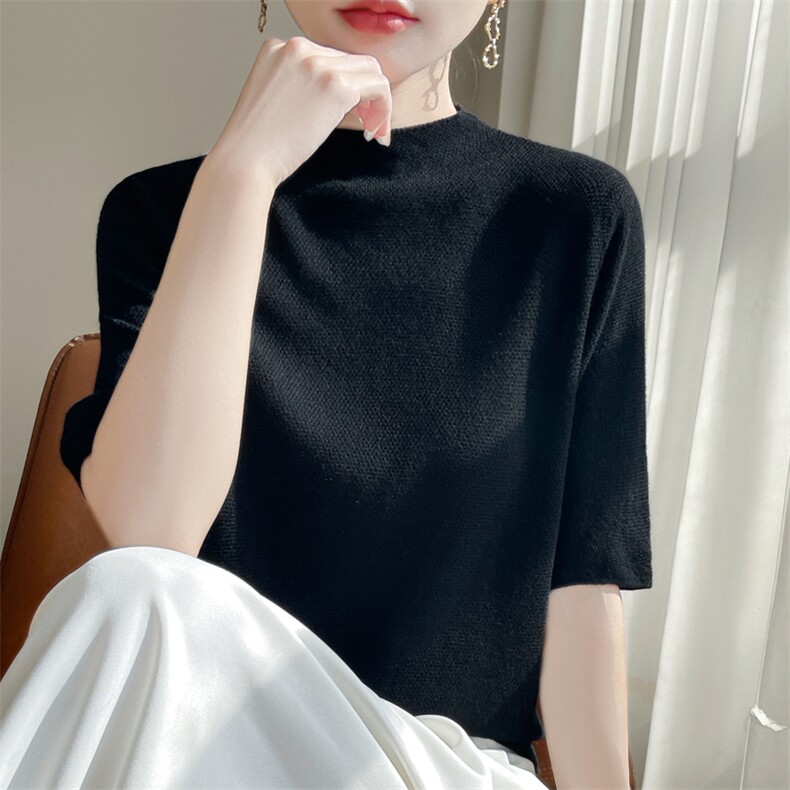 半高领天丝针织中袖T恤女修身显瘦25年春夏新款莱塞尔五分袖内搭,针织衫/毛衣,源达羊绒